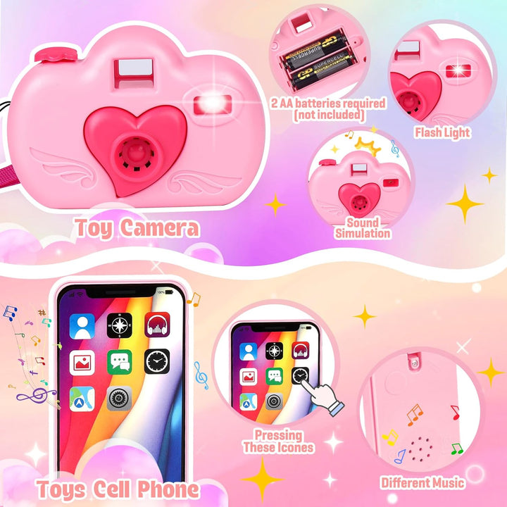 Play Purse for Little Girls, 35PCS Toddler Travel Purse with Handbag, Writing Tablet, Camera, Wallet, Fake Makeup, Girl Toys Includes Phone, Eye Mask, Pretend Play Toys for Girls Ages 3+