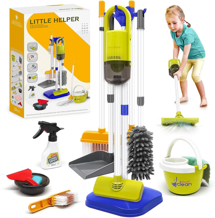 Toddler Cleaning Set - 14Pcs Kids Cleaning Toy Set with 2-In-1 Kids Vacuum That Really Works, Pretend Home Cleaning Play Set for Toddler Age 3-7, Christmas Birthday Gift for Girls Boys（Blue）