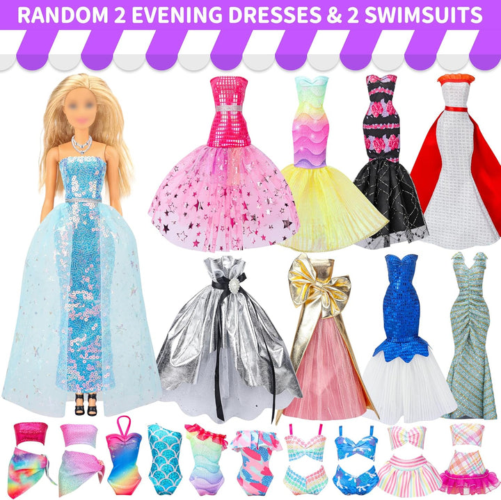 56 Pcs Doll Clothes and Accessories,2 Wedding Gowns 2 Evening Dresses 6 Fashion Dresses 4 Set Casual Outfit Top and Pant 2 Swimsuit,20 Hanger 10 Shoe 10 Accessories Toys for Girls Kid Gift