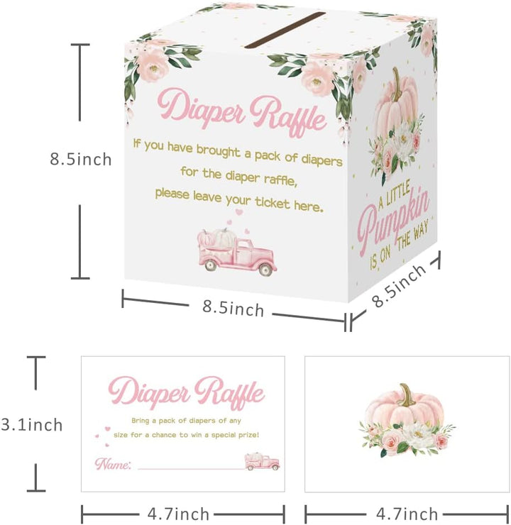 Diaper Raffle Card Box with 50 Pcs Pumpkin Diaper Raffle Tickets, Autumn Floral Pumpkin Diaper Raffle Card Box for Baby Shower Games Gender Reveal Party Invitation Insert Card Game (Pink)