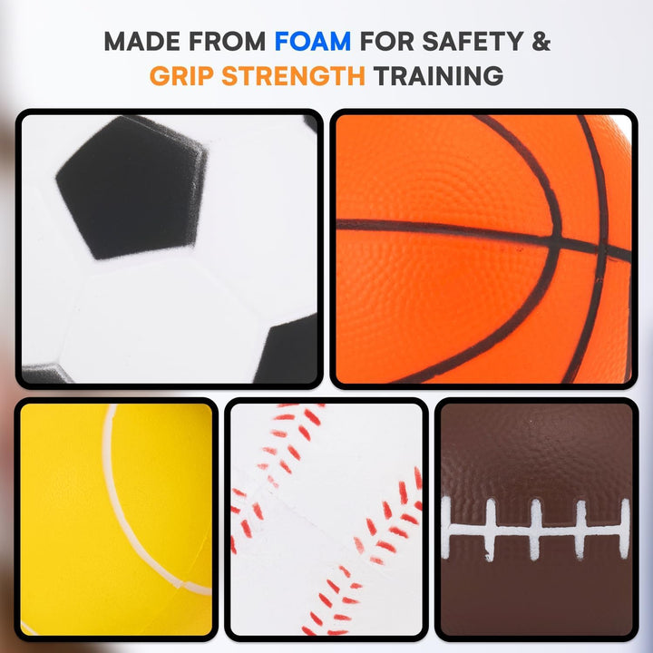 Set of 5 Foam Balls for Kids - Toddler Toys Set with Soccer, Basketball, Football, Baseball, and Tennis - Soft Indoor and Outdoor Baby Balls for Toddlers - Kids Outdoor Toys for Active Play