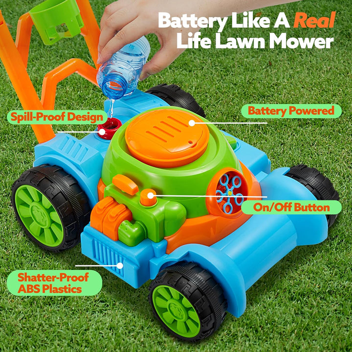 Bubble Lawn Mower Toddler Toys - Pretend Play Bubble Blower Machine Gardening Toy Leak-Proof for Indoor Outdoor Use, Push Toys Preschool Baby Boys Kids Halloween Birthday Gifts (Blue)
