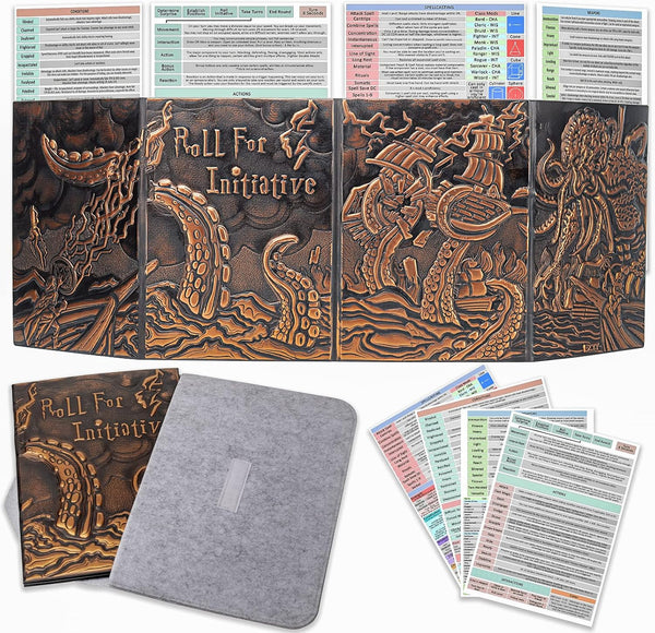 DND Dungeon Master Screen Four-Panel with Pockets, Faux Leather 3D Embossed with Cthulhu - Included DM Screen Inserts and Storage Case