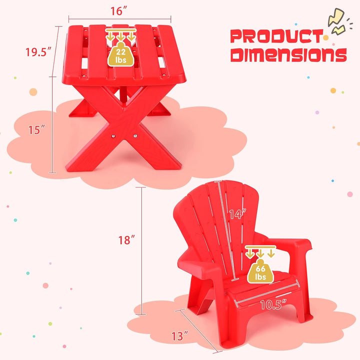 Kids Outdoor Table & Chair Set, Toddler Play Table with 2 Adirondack Chairs, 3 Pcs Kids Backyard Furniture, Stackable Design for Saving Space, for Beach, Garden, Lawn (Red)