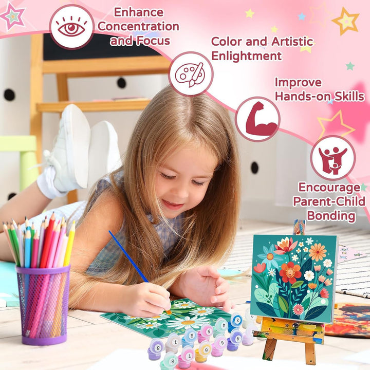 4 Pack Paint by Numbers Kit for Kids with Frame - Wooden Easel, Flowers Paint by Numbers for Kids Ages 4 8 12, Easy Flower Acrylic Oil Painting Kits for Home Wall Decoration 8X8 Inch