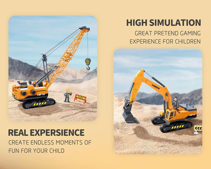 Kids Construction Toys for Boys, Playset of Excavator Toy, Crane Toy & Semi Truck Toy Tractor Lowboy Trailer, Construction Trucks for Toddler, Ideal Birthday Party Favor Gift for 3 Years Old and Up