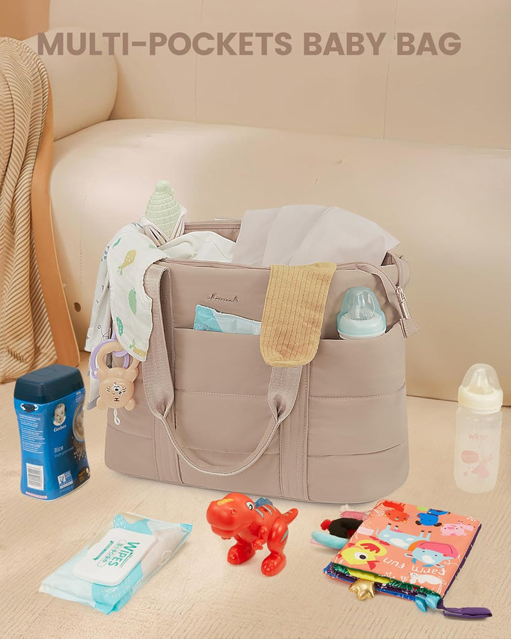 Diaper Bag Tote, 15.6Inch Puffer Baby Diaper Bag Waterproof Travel Diaper Tote with Changing Pad Pacifier Case
