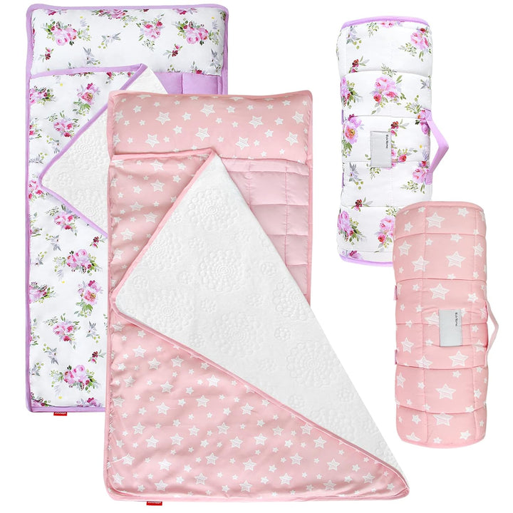 Toddler Nap Mat for Girls Floral, Kids Sleeping Mat with Fleece Blanket, Lightweight Perfect for Kids Preschool, Daycare, Travel Sleeping Bag, Fit Standard Cot