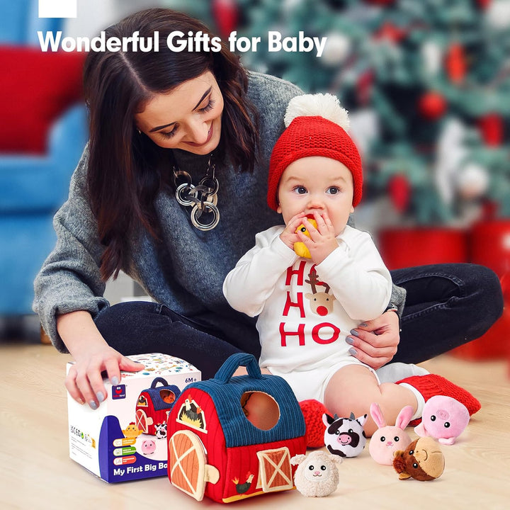 Baby Toys 6-12 Months - Surprise Barn with Stuffed Farm Animals, Rattle, Crinkle Paper, Mirror - Montessori Toys for 6 Month Old Babies, Sensory Balls Toddlers 1-3, 1 Year Old Boy Girl Gifts