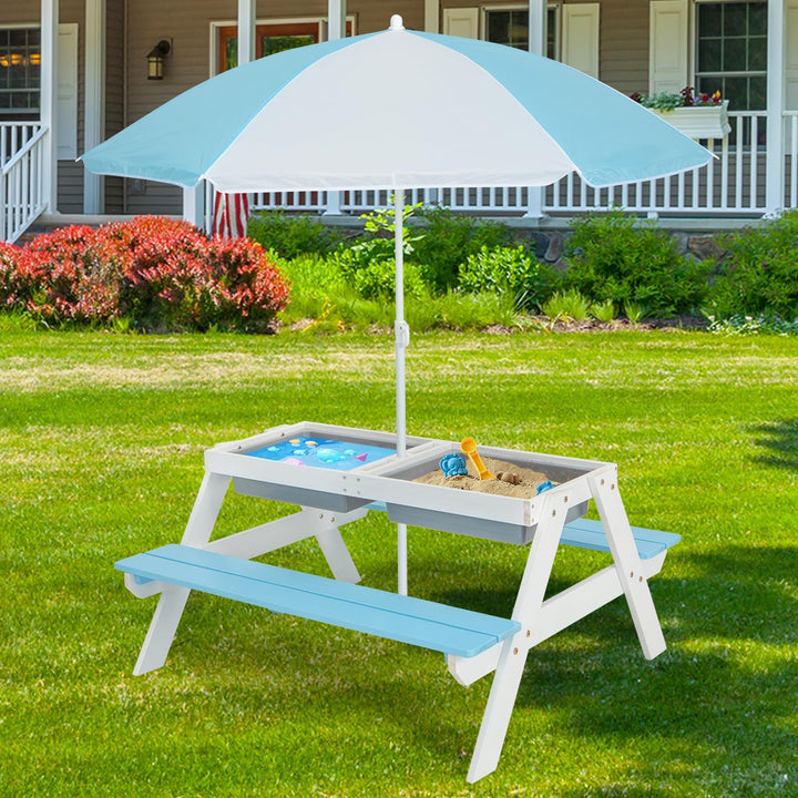 Kids Picnic Table, 4 in 1 Sand and Water Tables W/Detachable Tabletop, 2 Removable Play Boxes, Foldable & Height Adjustable Umbrella, Wood Sensory Table and Bench for Outdoors, Indoors (Brown)