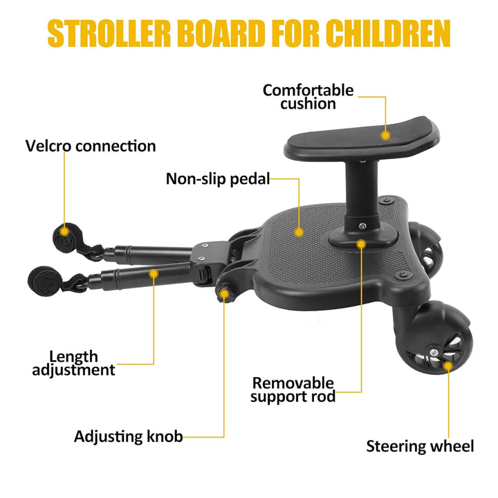 2025 New-Universal Stroller Board with Detachable Seat, 2In1 Sit and Stand Stroller Glider Board for Most Strollers, Holds Children up to 55 Lbs Stroller Standing Board (Black)