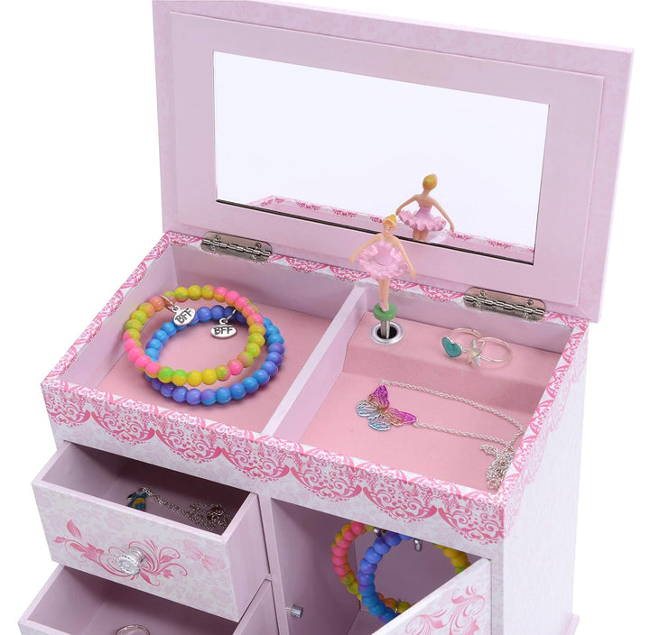 - Ballerina Jewelry Box for Girls with 3 Pullout Drawers - Ballerina Music Box with Swan Lake Tune - Ballet Slipper Design - Jewelry Storage Organizer for Necklaces and Bracelets