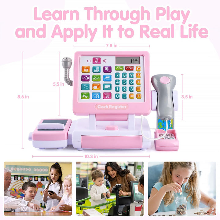 Kids Cash Register Toy - Pretend  Calculator Register Toys with Microphone/Conveyors/ Money/Scanner/Credit Card/Cans/Drink, 3+ Toddler Develops Early Math Skills Learning Toys