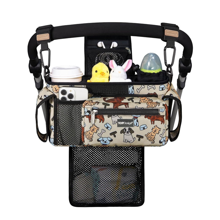 Universal Baby Stroller Organizer, Stroller Caddy with Detachable Mesh Bag & Heightened Insulated Cup Holders & Non-Slip Secure Hooks Accessories, Fits Most Strollers (Checkerboard)