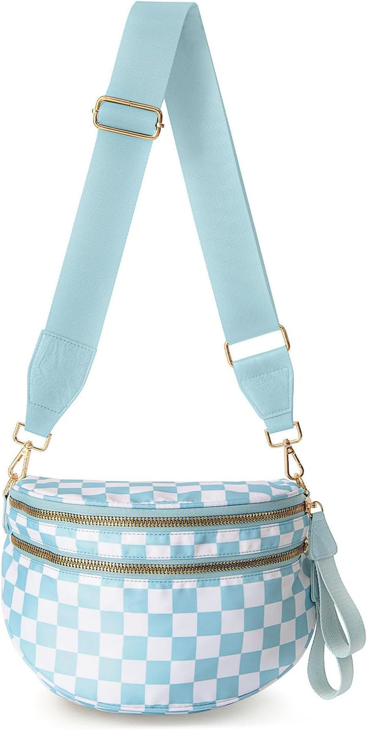 Mommy Bum Bag Crossbody, 2025 Trendy Checkered/Solid Nylon Waterproof Adjust Wide Straps Large Mom Diaper Bag
