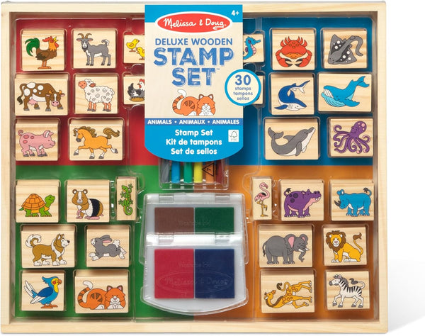 Deluxe Wooden Stamp Set: Animals - 30 Stamps, 6 Markers, 2 Stamp Pads