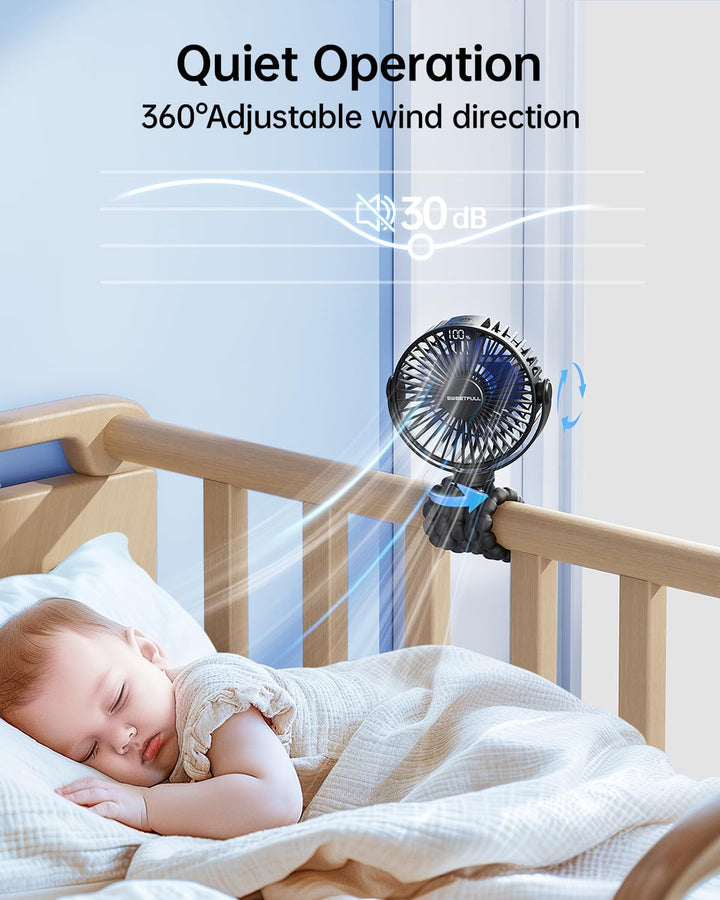 Portable Stroller Fan with Display 4000Mah Battery Powered Mini Clip on Fan, 4-Speed Rechargeable Small Personal Cooling for Baby Car Seat Crib Travel - Black