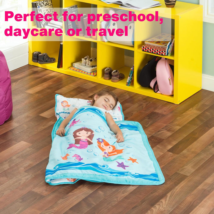 Toddler Nap Mat with Removable Pillow -Underwater Mermaids- Carry Handle with Fastening Straps Closure, Rollup Design, Soft Microfiber for Preschool, Daycare Sleeping Bag, Ages 2-6 Years