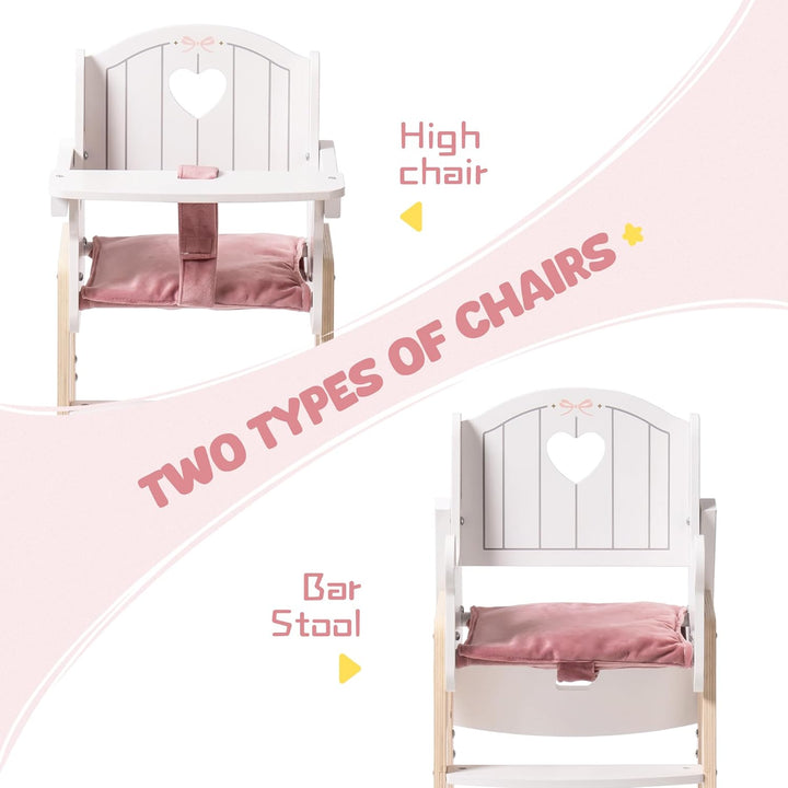 Wooden Baby Doll High Chair, Pink Wooden Baby Doll Chair for 18 Inch Dolls, Pretend Play High Chair Baby Doll Accessories, Small