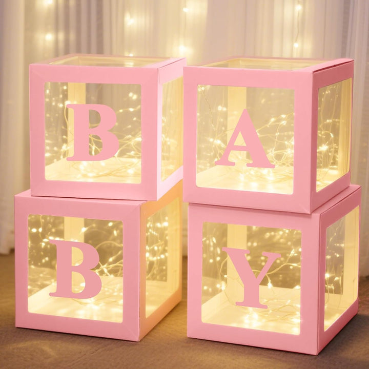 Baby Boxes with Letters for Baby Shower Decorations, 4 Pcs Clear Baby Balloon Boxes Blocks Decor with LED Fairy String Lights for Boy Girl Gender Reveal Decorations Backdrop Party (White)