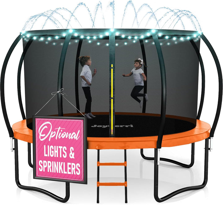 Trampoline Outdoor - ASTM Certified Safe, 8Ft, 10Ft, 12Ft, 14Ft, 15Ft, 16Ft Recreational Trampoline for Kids and Adults. Anti-Rust Coating with Enclosure Net, Ladder, Sprinkler & LED Lights