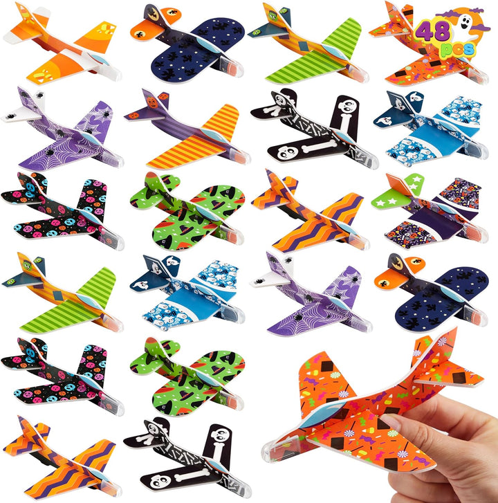 48 PCS Halloween Foam Glider Planes for Kids, Flying Paper Airplane Gliders Toys Bulk for Halloween Party Gifts Presents,12 Different Airplane Designs,Trick or Treats, Party Favor and Supplies