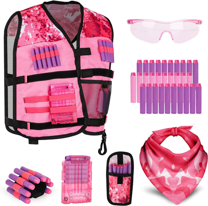 2PACK Kids Tactical Vest Kit for Nerf Guns N-Strike Elite Series for Boys Girls, with 60 Refill Darts, Dart Pouch, Tactical Mask, Reload Clips, Protective Glasses (Blue+Green)
