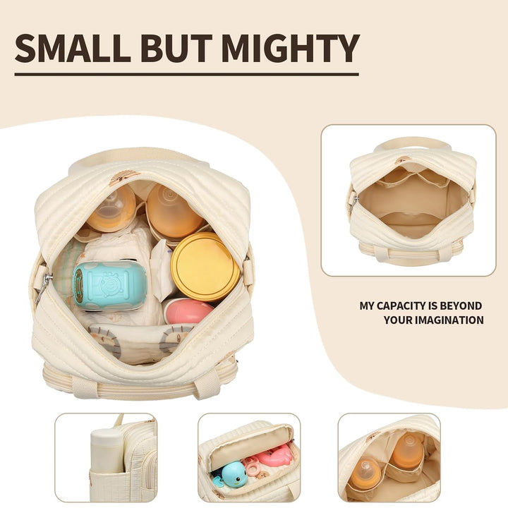 Small Diaper Bag Tote, Crossbody Diaper Bag Mini Purse with 7 Pockets, Travel Baby Bag for Boys & Girls, 2 Bottle Pocket, off White