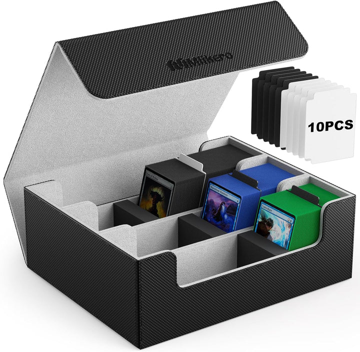 Card Deck Case for Trading Cards 1800+, Trading Card Storage Box with 10 Dividers and 3 Foam Stoppers, Leather Magnetic Closure Commander Deck Box Fit for Yugioh, MTG and Sport Cards