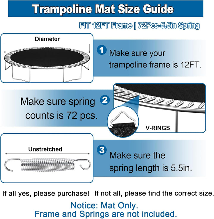 12FT 14FT 15FT Trampoline Mat Replacement, Fits 5.5" Springs 72 80 V-Hooks round Trampoline Frame,Premium Trampoline Jumping Mat (Excluding Frame and Spring)