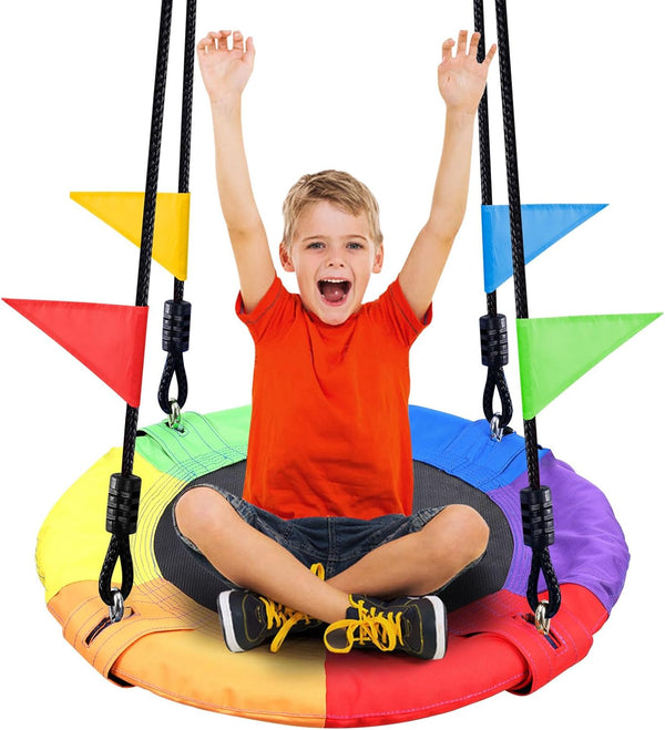 24 Inch Children Tree Swing, Outdoor Small Saucer Swing Platform Swing for Kid, round Flying Swing Wirh Adjustable Hanging Ropes for Backyard, 220Lb Weight Capacity Great for 1-2 Kids
