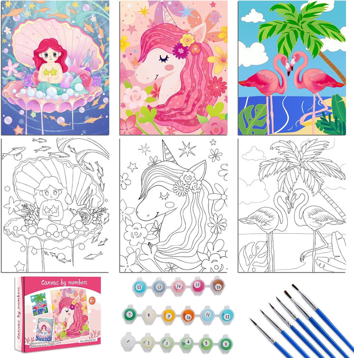 3 Pack Paint by Numbers Kit for Kids 8-12, 10*8" Framed Canvas with 17 Acrylic Paint Pots and 6 Brushes, Color by Number Crafts Art Supplies