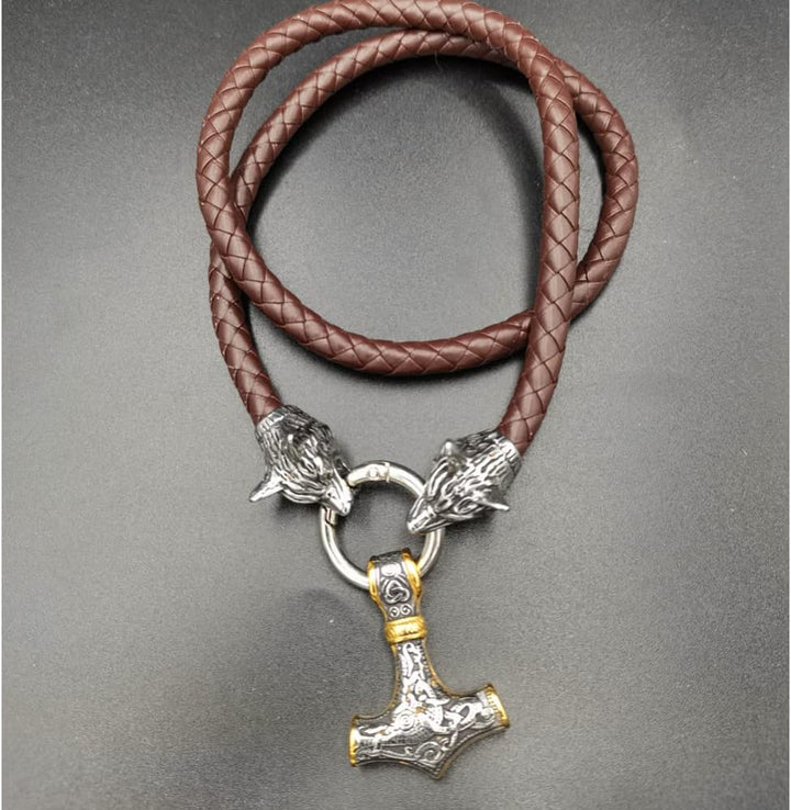 Stainless Steel Wolf Head Leather Chain Thor'S Hammer Pendant Men'S Necklace(Style 3 Gold,80Cm)