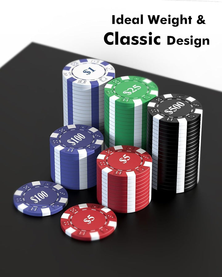 Poker Set with Denominations, 300-Pcs 11.5G Weighted Numbered Chips, 5 Dice, 2 Decks with Compact Aluminum Case for Texas Hold'Em, Blackjack, Age 8 and Plus