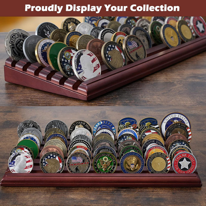 Challenge Coin Display Stand 6 Row 100% Solid Wooden Holder Rack Case Holds 42 Coins