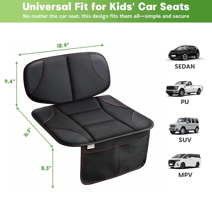 Car Seat Protector for Kids, Anti-Slip Design, Thick Padding, Prevents Seat Marks, 2 Storage Pockets for Toys & Snacks, Fits Most Cars, Black - 1 Pack
