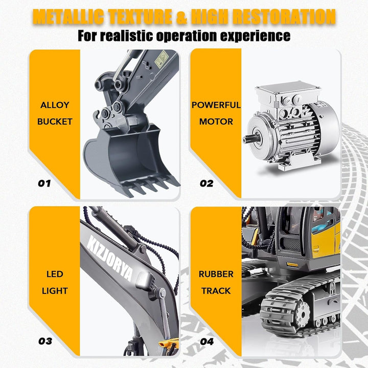 Remote Control Excavator, Toys for Boys Age 6-12, Rechargeable 11 CH RC Construction Vehicles Truck with Sound Light Metal Shovel, Birthday for Kids 7 8 9 10+ Year Old(2.4 Ghz)