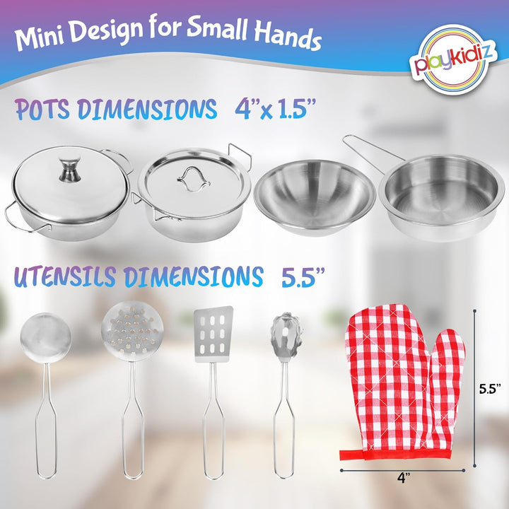 Stainless Steel Pots and Pans - Toy Cookware 9 Piece Playset for Kids Pretend Play House - Great Birthday Gift for Girls