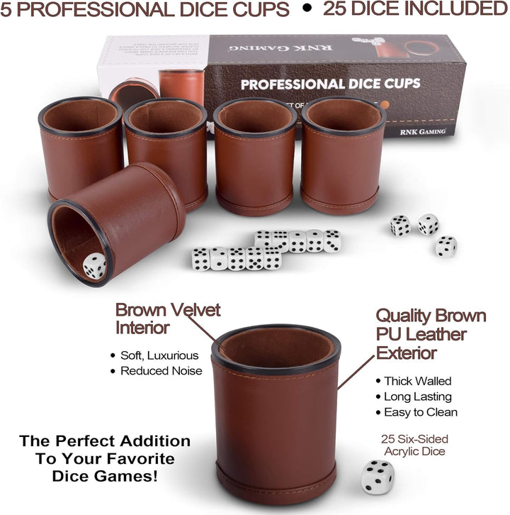 5 Pack of Professional Dice Cups PU Leather and Brown Velvet Lined, Includes 25 White Six-Sided Dice