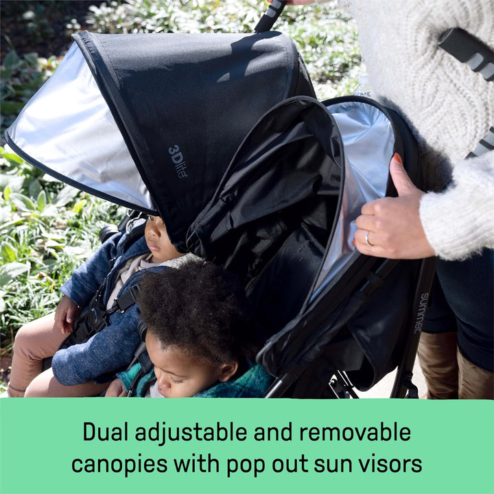 3Dlite Folding Lightweight Side by Side Double Stroller with 5-Point Safety Harness for Infants and Toddlers, Black