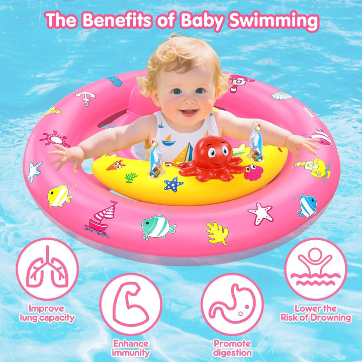 Baby Pool Float with Canopy, Inflatable Baby Swim Float with UPF50+ Sun Protection, Toddler Infant Pool Float with Toy Play Console Adjustable Safety Seat for Kids Girls Boys Aged 6-36 Months
