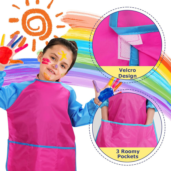 Kids Painting Apron 2 Pack, Waterproof Toddler Art Smock, Artist Smock for Kids Age 2-8 with Long Sleeve and 3 Pockets