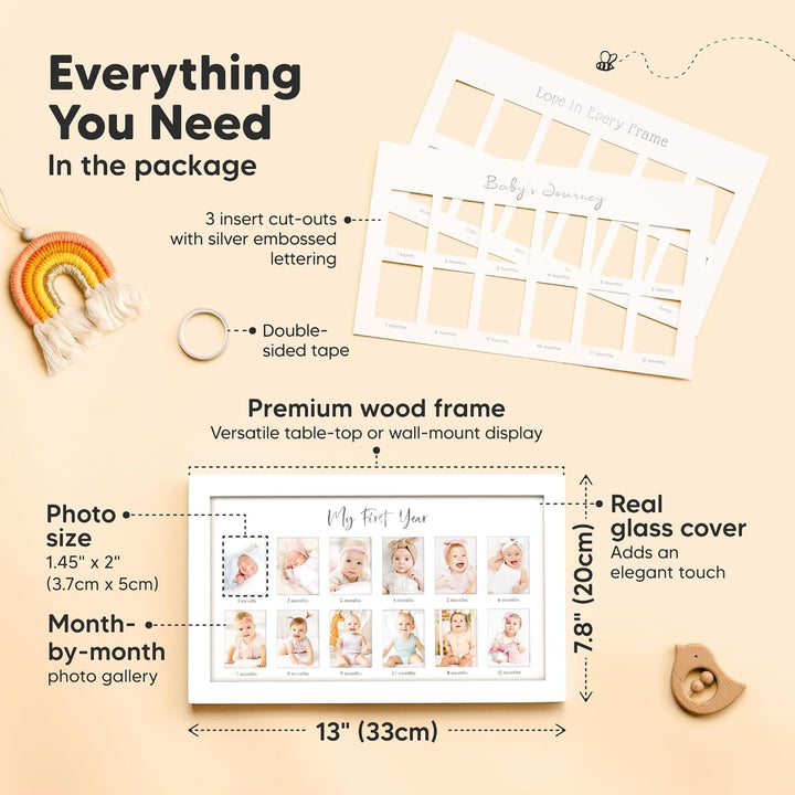 My First Year Photo Frame,12 Months Baby Picture Frame for Newborn Girl,Boy-Baby Shower Gifts Keepsakes,Monthly Baby'S One Year Birthday Milestone,1St Nursery Photo Collage Display Board(Alpine White)