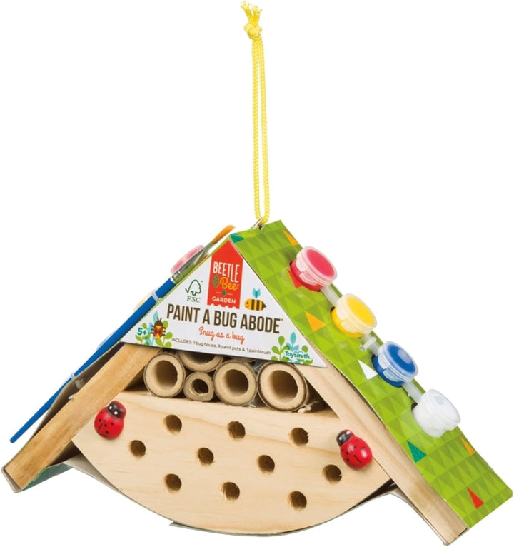 Beetle & Bee Build a Bird Bungalow - DIY Kid Art Craft Outdoor Birdhouse Kit, House Painting Kit for Kids, Hardware Glue Included- 4 Paints, 1 Brush, 7 Wooden Pcs, Chain for Tree Hanging Age 5+