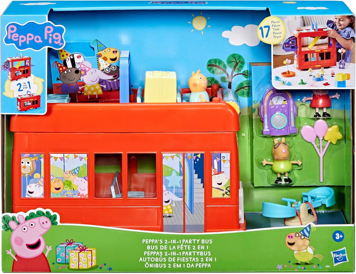 2-In-1 Party Bus Playset with 3 Figures and 13 Accessory Pieces, Preschool Toys for Girls and Boys, Kids Gifts, Ages 3+