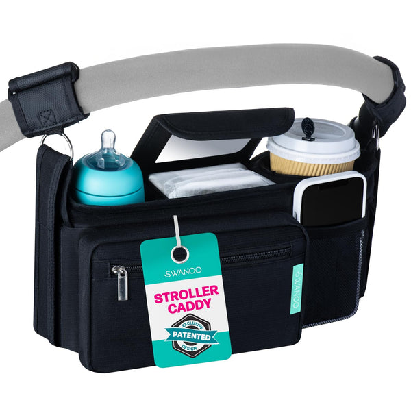 Stroller Caddy Organizer with Cup Holder, Non Slip Straps Bag for Phone, Pet Stroller Accessories, Universal Fits Uppababby Vista V2 Wonderfold Wagon, Doona and More