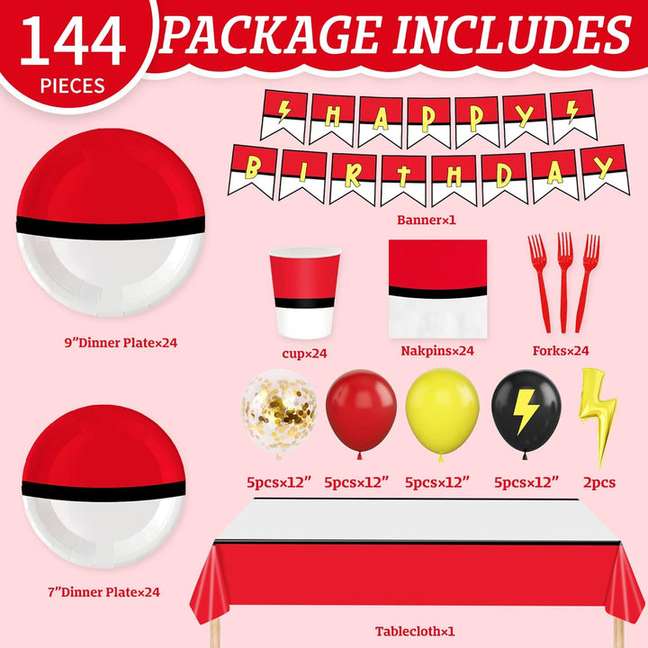 144Pcs Cartoon Animation Birthday Party Supplies Decorations for Birthday,Cartoon Theme Party Favors Including Banner, Plates, Cups, Napkins, Cutlery and Tablecloth for 24 Guests