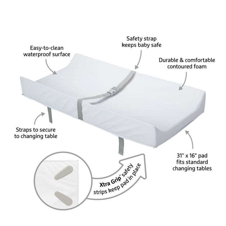 Secure Grip Baby Diaper Changing Pad for Dresser, Waterproof and Wipeable, Contoured, Standard Size (16" X 31"), White