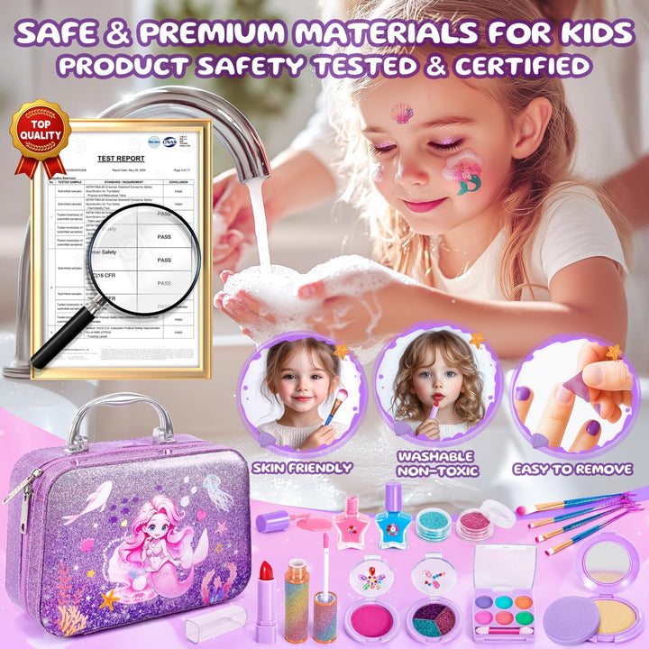 Kids Makeup for Toddlers Toys, Washable Make up Set Non-Toxic Mermaid Toys for Girls Purse, Princess Pretend Play Hair & Nail Polish Accessories, Christmas Birthday Gift Toys for Girls 3+
