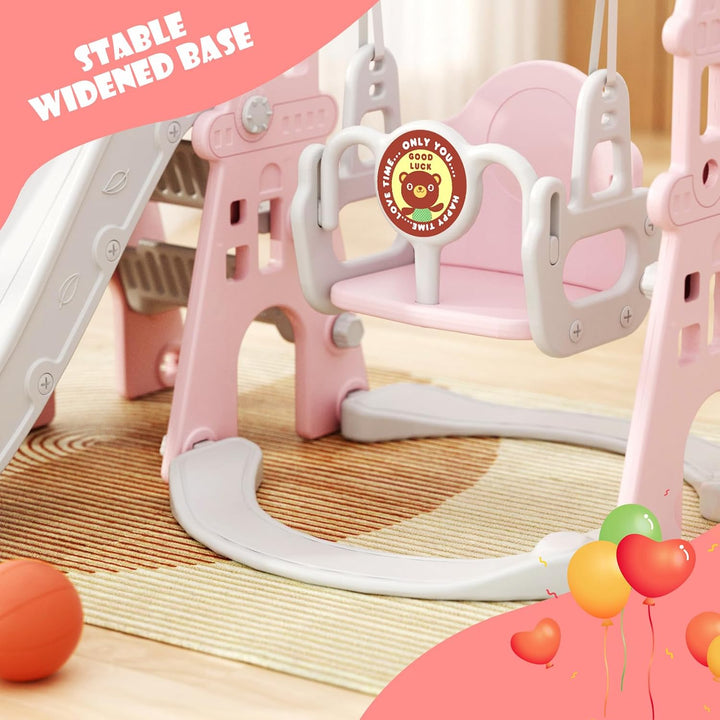 4-In-1 Kids Slide and Swing Set, Toddler Slide with Basketball Hoop, Swing, Outdoor Indoor Playground for Toddlers 1-3 (4 in 1-Pink)